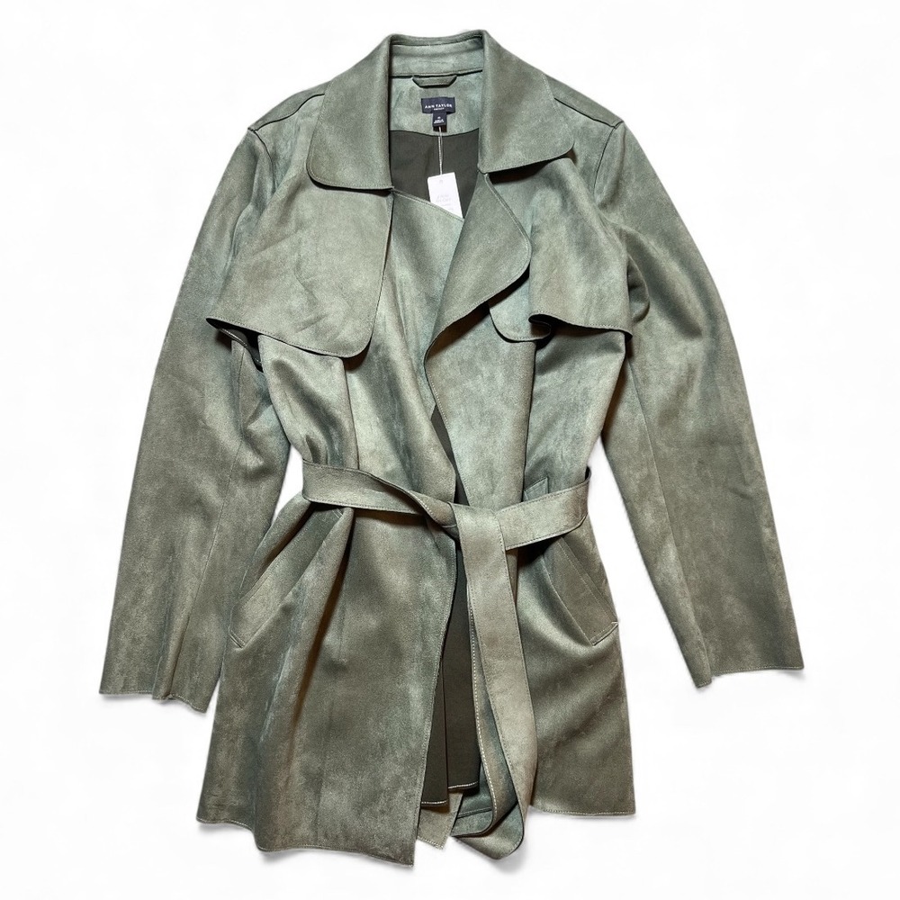 Ann Taylor Factory Faux Suede Belted Waterfall Trench Coat Olive Green XL NWT